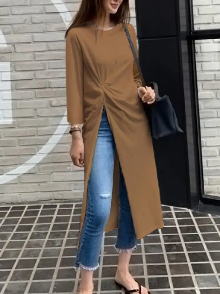 2024 ZANZEA Asymmetrical Women Blouses Long Tops Long Sleeve Pleated O-Neck Casual Loose Fashion Shirt Split Solid Blusas Femme