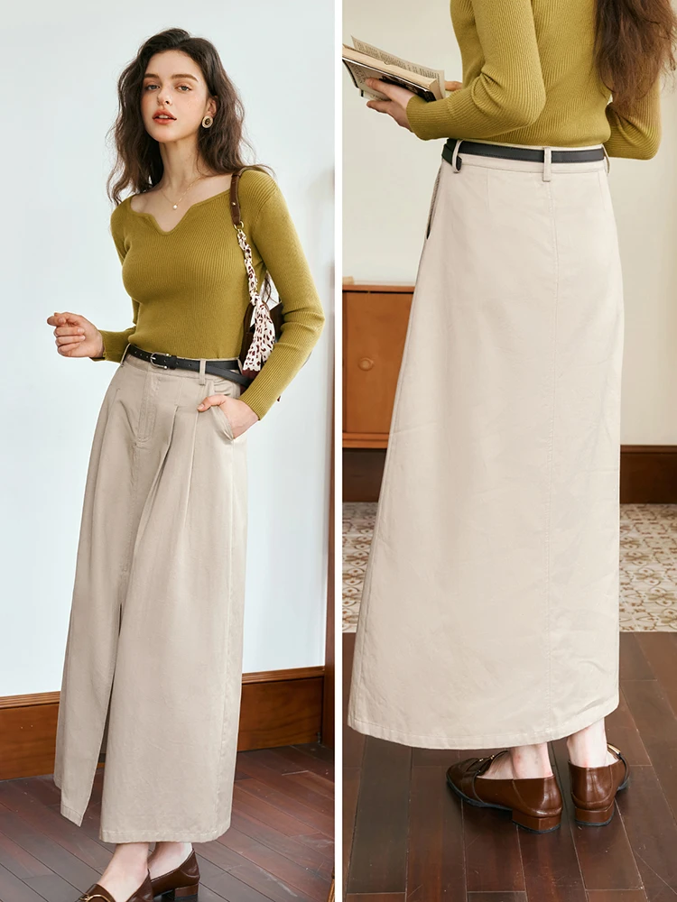 OLrain Pure Cotton Khaki Skirts Women 2025 Spring Summer Office Wear A-line Folds High Waist Slit Ladies Skirt M56QB93620