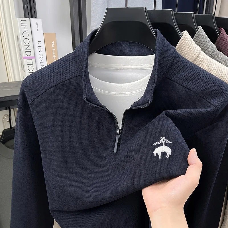 Winter comfortable velvet warm men semi high neck sweater exquisite designer embroidered original comfortable commuting pullover