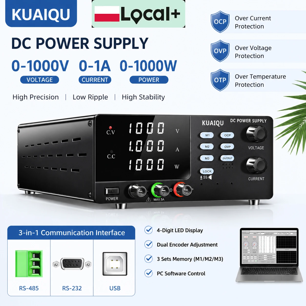 KUAIQU 0-1000V 0-1A 0-1000W Einstellbares Labor-Gleichstromnetzteil 800V/600V/400V Tischspannungsregler OCP/OVP/M1/M2/M3/LOCK/AUSGANG mit RS-485/RS-232/USB-Anschluss Reparaturwerkzeuge für