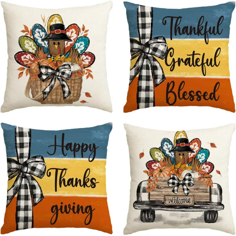 

Happy Thanksgiving Turkey Harvest Throw Pillow Cover Set of 4, Blessings Truck Pumpkin Autumn Cushion Cover