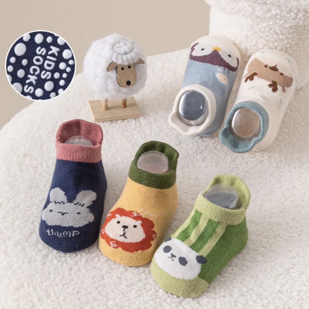 5Pairs Cute Cartoon Animal Pattern Baby Floor Socks Rubber Anti-slip Cotton Socks First Walker Newborns Girls Boys Baby Socks