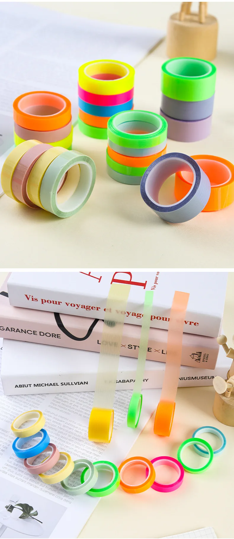 5 Rollen, 5 Farben, Aufkleber, transparent, fluoreszierend, Index-Tabs, Flaggen, 5 m, Haftnotizen, Schreibwaren, Kinder, Geschenk, Schule, Bürobedarf – Detail 3
