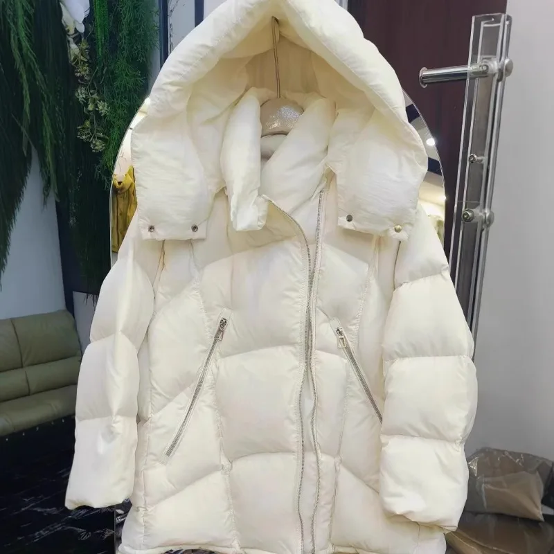 White Duck Down Jacket for Women, Short to Medium Long, Fashionable Brand, High-End Brand, 2021 Winter, New Style