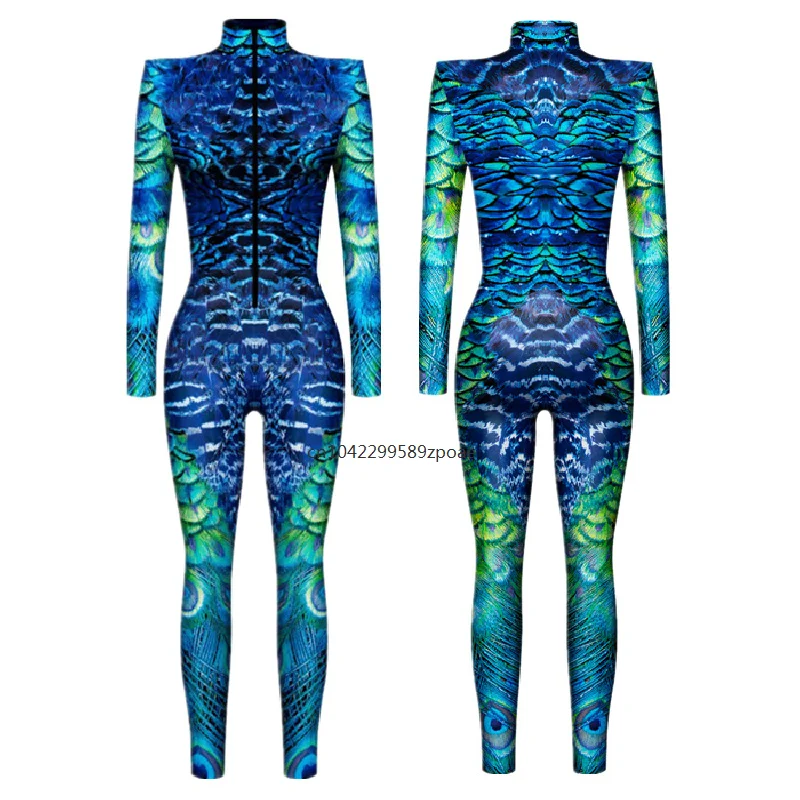 Animal Scales Peacock Feather Snake Skin Interesting Punk Gothic Women Sexy Halloween Slim Jumpsuit Cosplay Costume Bodysuit