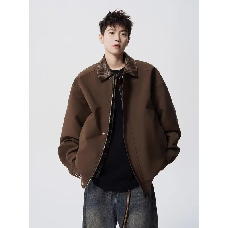 

American brown flight jacket men spring autumn trendy brand checkered patchwork lapsed baseball jacket high street retro casual