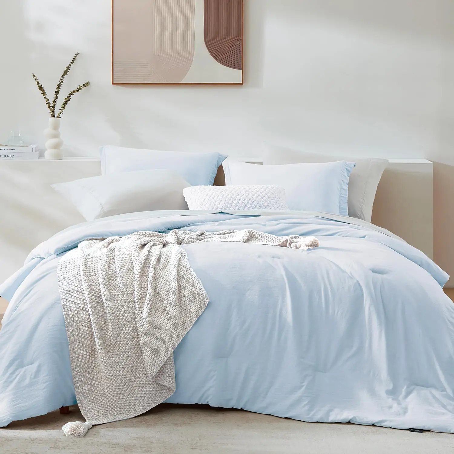 

7 Piece Queen Comforter Set - Ice Blue Bed in a Bag with Fitted Sheet, Flat Sheet, Pillow Shams & Cases, Soft Microfiber All Season