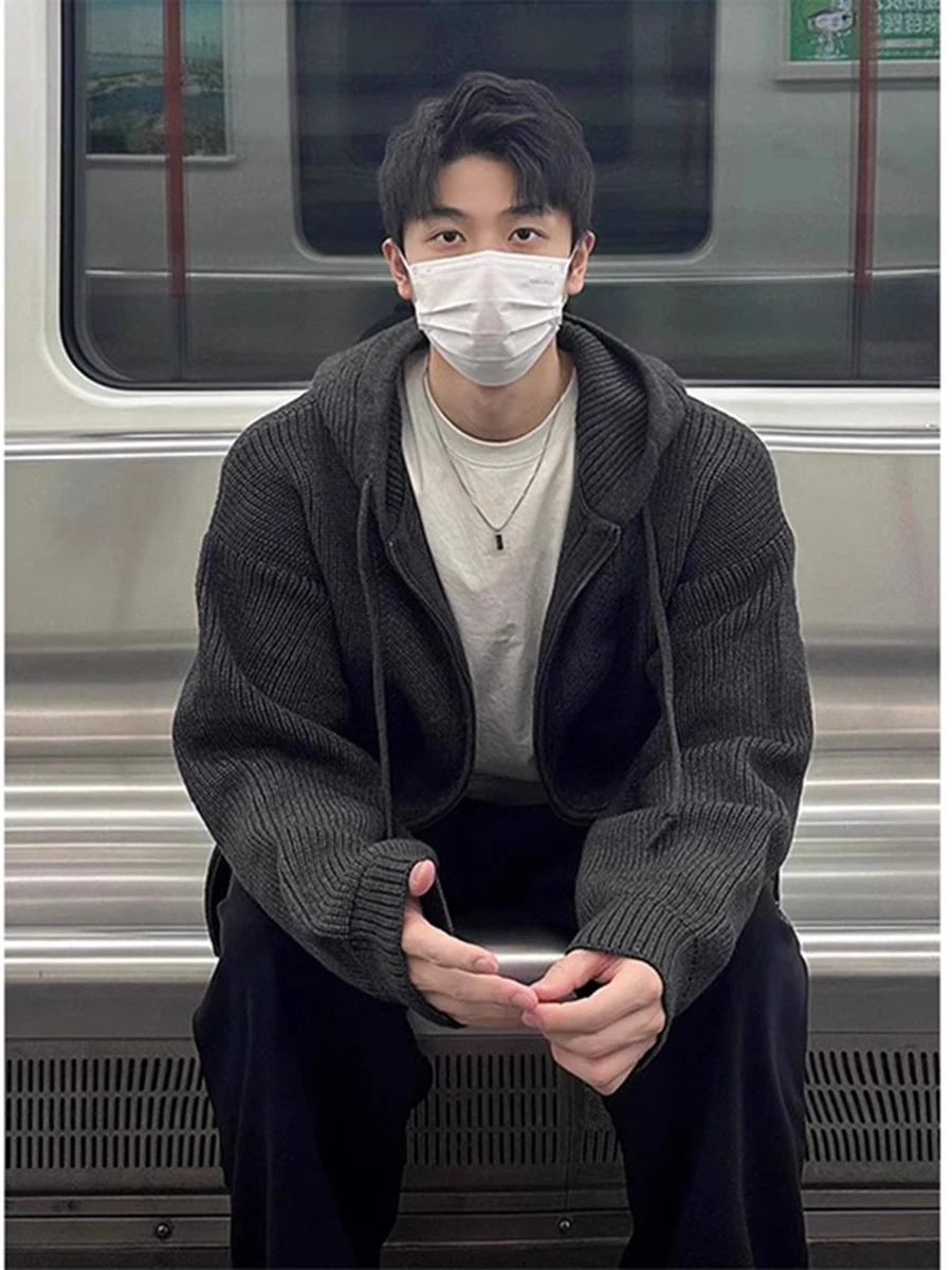 

American Retro Deep ey Knitted Open Cardigan Men's Autumn Winter Thiened Zipper Jaet Lazy Sle Hoodie Sweater