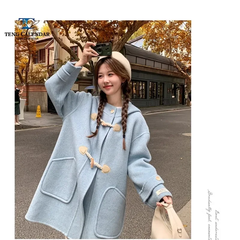 Double sided cashmere coat with cow horn buckle, women's long college style loose fitting straight tube hooded woolen coat,