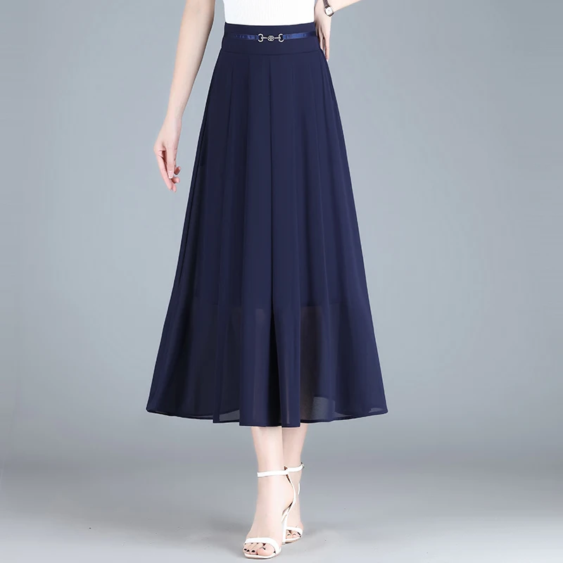 ZUZK New Summer Mid-length Chiffon Skirts Elastic High Waist Fashion Temperament Chiffon Skirt Cool Droop Skirt Mom Skirt Jupe 
