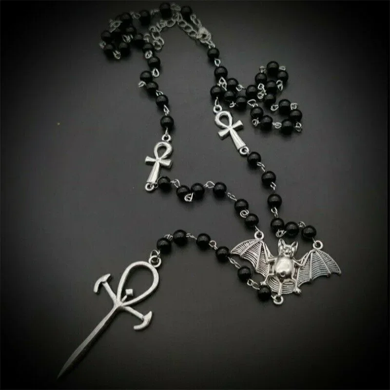 Gothic Rosary Vampire Bat & Ankh Pendants Black Beads Long Necklace 2022 Trendy women Luxury Jewelry