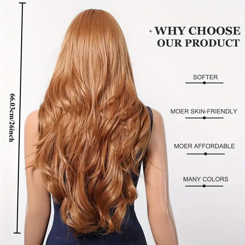 LOUIS FERRE Parrucche lunghe ricce allo zenzero arancione con frangia Parrucca sintetica a onde naturali per le donne Capelli finti per feste cosplay resistenti al calore