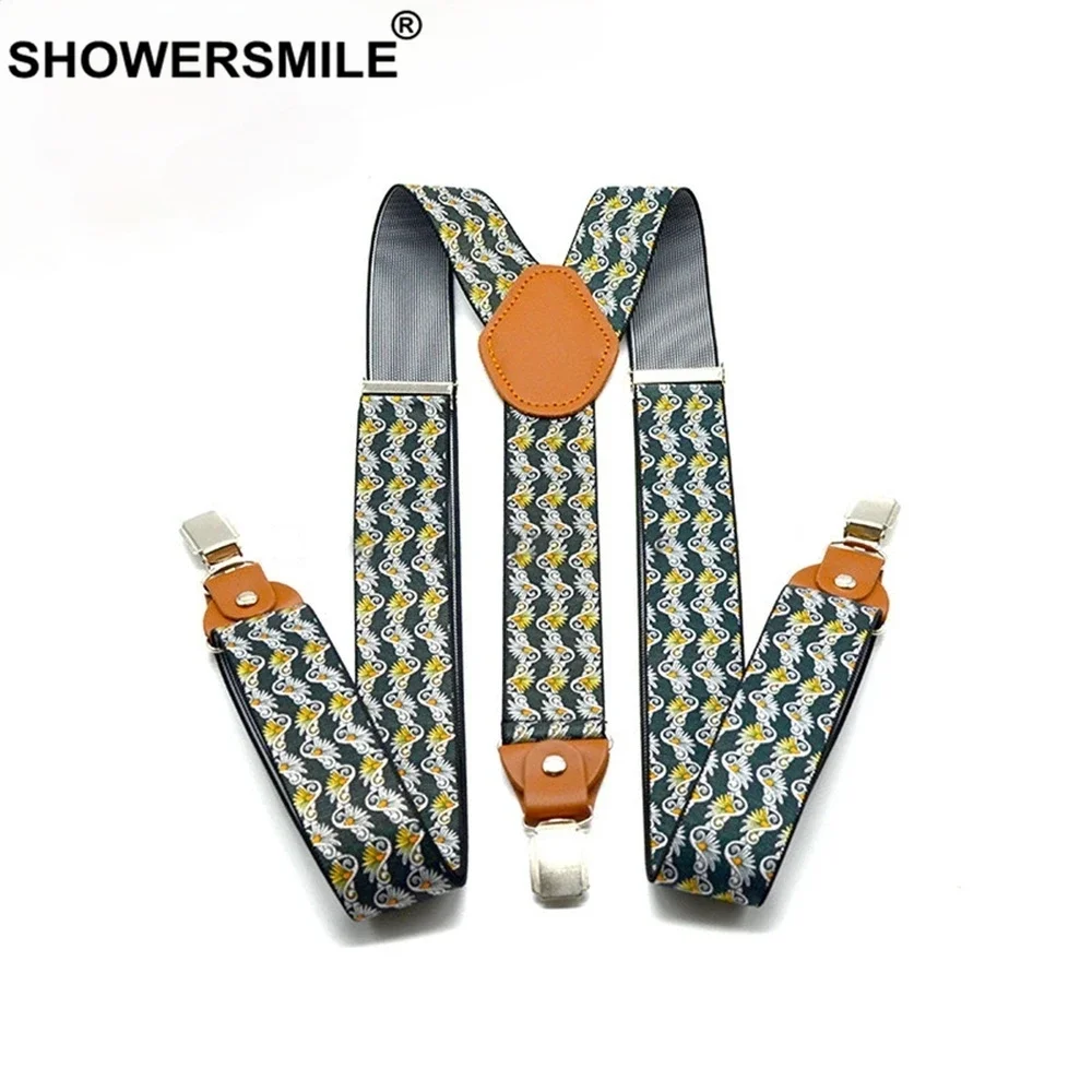 

SHOWERSMILE Print Suspender Pants Men Floral Navy Male Brace With Leather 3 Clips Y Back Adjustable Adult Suspenders 120cm*3.5cm