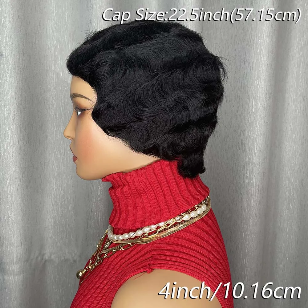 Krótka peruka pixie, naturalna czerń, włosy ludzkie, teksturowana, falowana, warstwowa peruka bob, wykonana maszynowo, dla czarnoskórych kobiet.