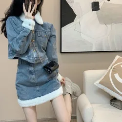 Women Y2K Denim Sets Winter Thicken Elegant Long Sleeve Short Jackets with Mini A-line Skirts Suit Harajuku High Street Outfit