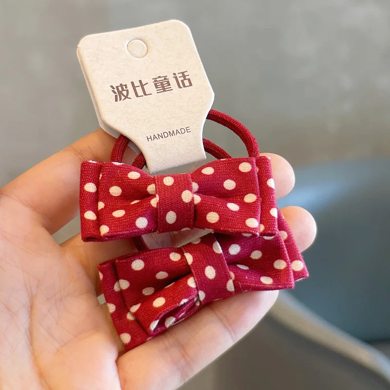 Red Wine Plaid Bow Hair Ties for Girls Kids Candy Color High Elasticity Ponytail Holders Cute Daily Headwear Accessory