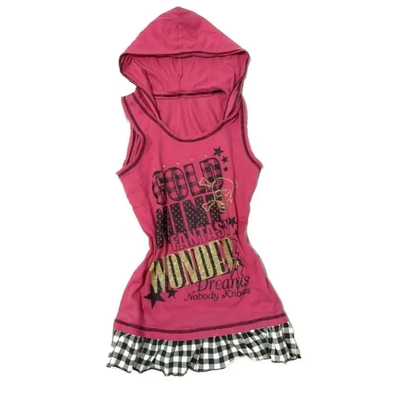 

American Retro Camisole Harajuku Punk Skull Sleeveless Hooded Vest Subculture Letter Print Fake Two Tank Tops Women's Y2k Cloths