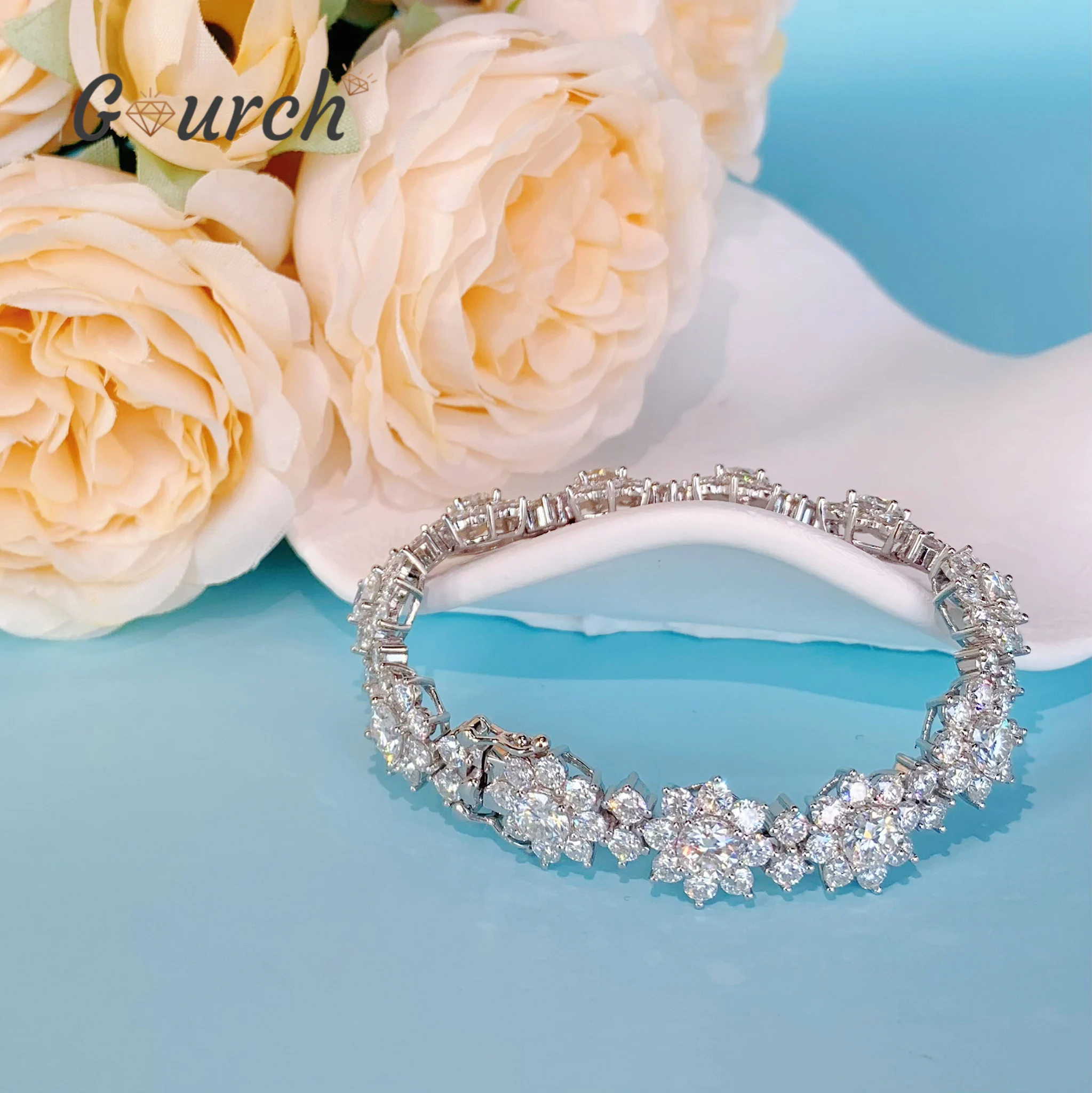Gourch S925 Sterling Silver Moissanite Tennis Bracelet Sunflower Inspired Diamond Bangle Luxury Hand Chain Present for Women