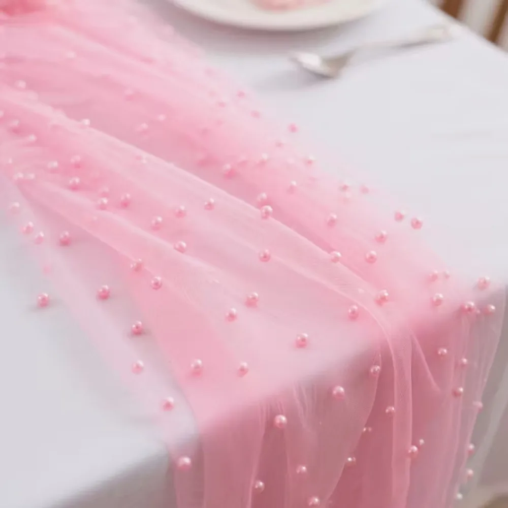 0.75*3M Table Flag Semi Transparent Gauze Mesh Pearl Chiffon Sheer Drapes Pearl Tulle Table Runner Wedding Party