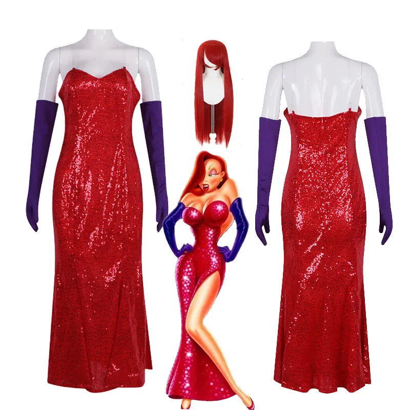 Movie Who Framed Roger Rabbit Jessica Rabbit Cosplay Costume Wig Sexy  Sleeveless Long Dress Glove Halloween Party Disguise - AliExpress 200000532