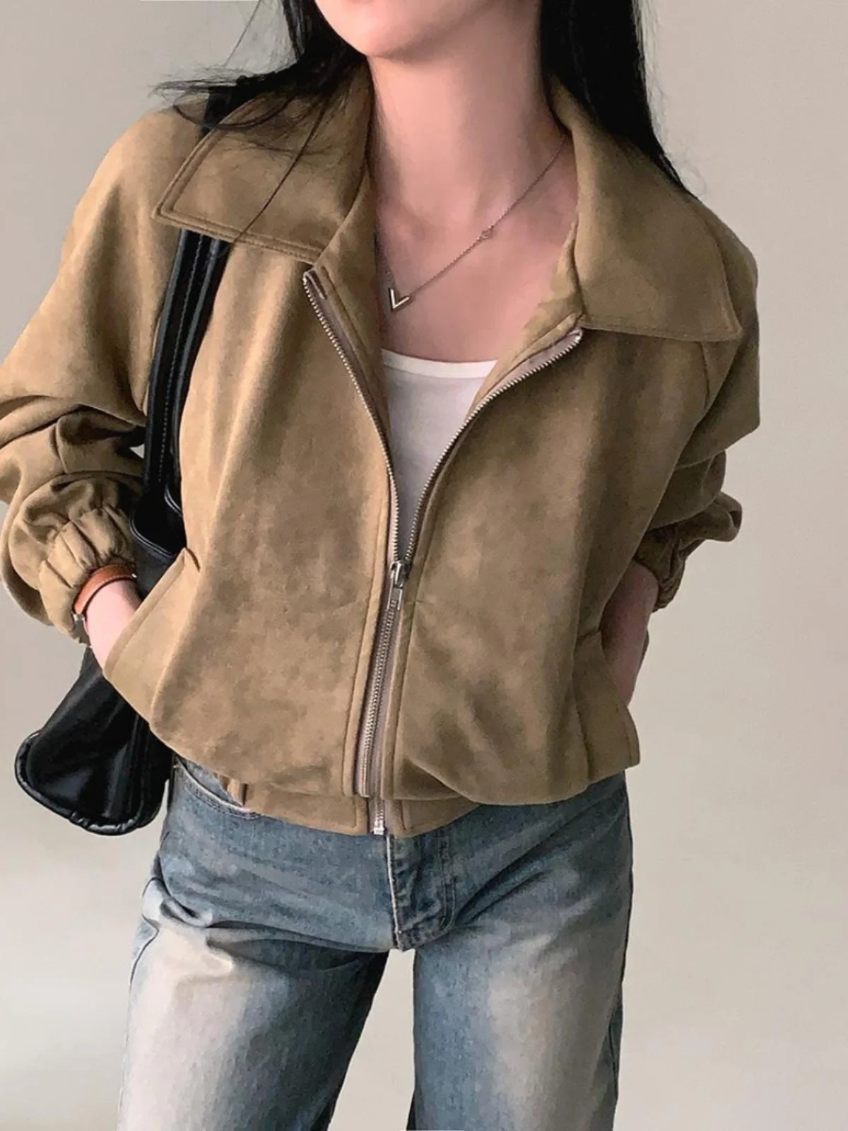 Casaco Curto Feminino Estilo Americano Versátil e Solto, Cardigã Aberto com Gola  Chique, Agasalho que Emagrece para Outo...