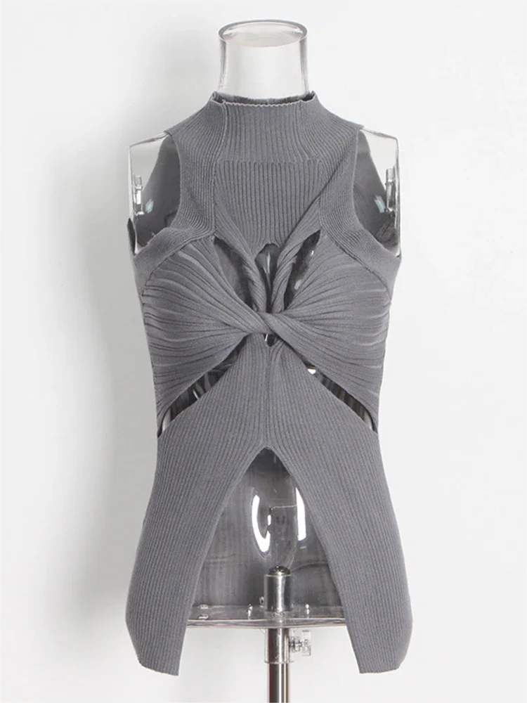 TWOTWINSTYLE Sexy Knitting Tank Tops For Women Round Neck Sleeveless Crisscross Hollow Out Minimalist Vest Female Fashion 2023