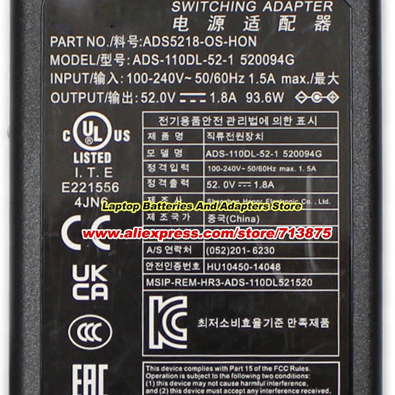 ADS5218-OS-HON AC Adapter ADS-110DL-52-1 520094G 52V 1.8A for