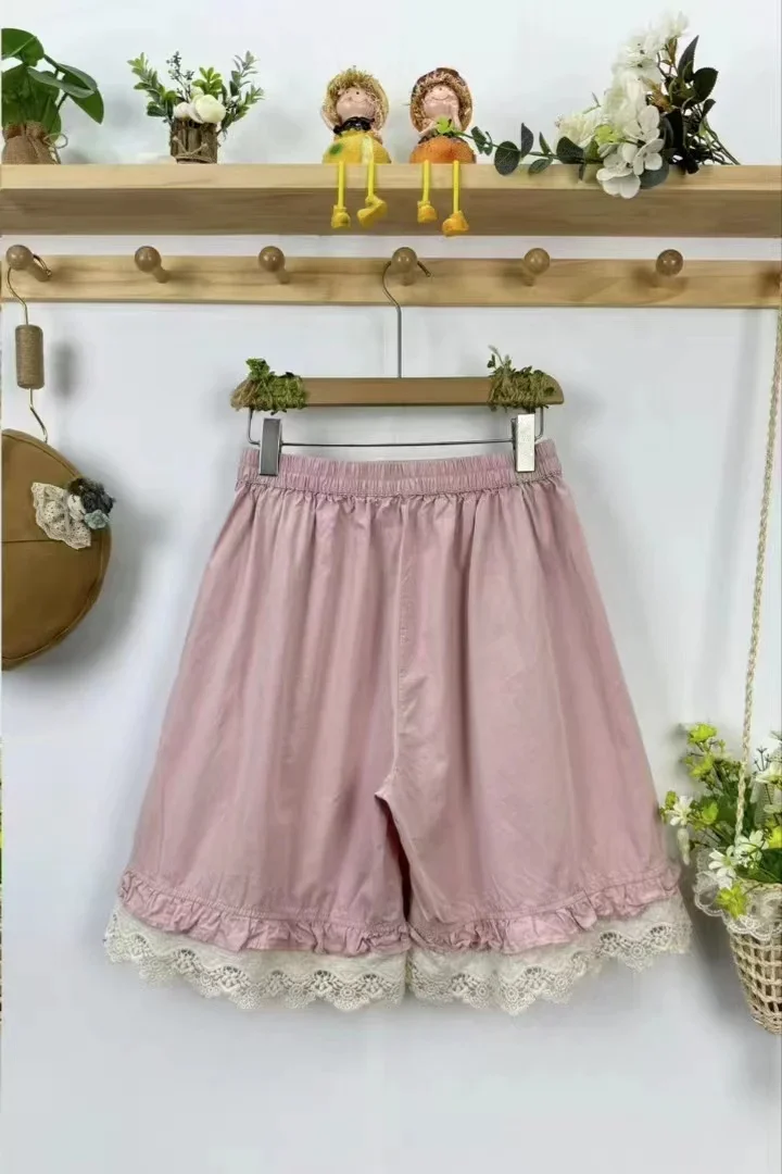 Summer Japan Style Mori Girl Lace Embroidery Cotton Loose Shorts Women Elastic Waist Casual Short Pants