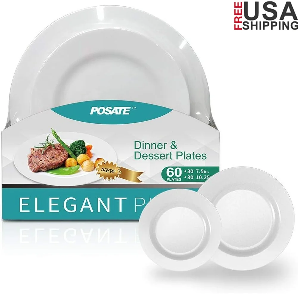 

60 шт. сверхмощные одноразовые пластиковые тарелки для свадебных вечеринок, 30 обеденных тарелок 10,25 дюйма и 30 десертных тарелок 7,5 дюймов