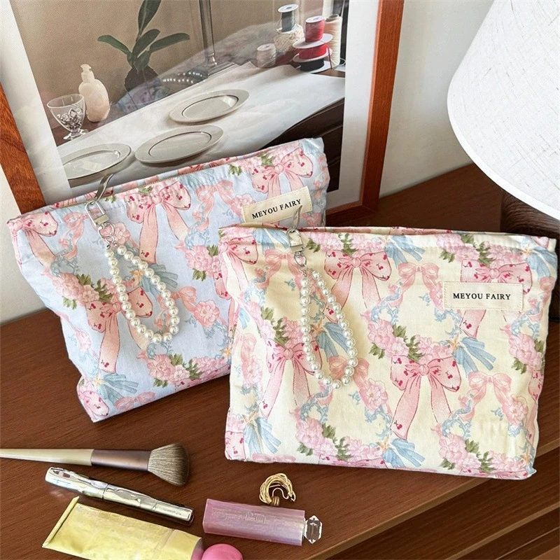 Sweet Bow Makeup Bag with Pearl Chain, Large Capacity Toilet Storage Bag, Travel Portable Fabric Cosmetic Bag