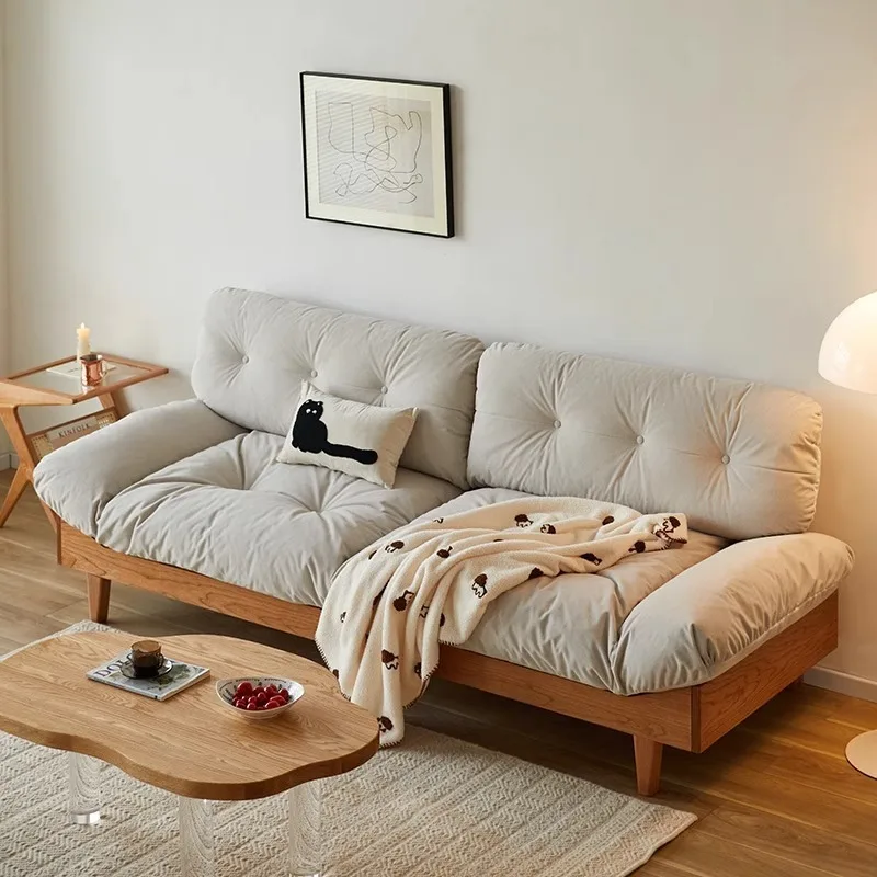 

Cloud sofa fabric cherry wood simple cream wind small apartment living room solid wood sofa lazy leisure