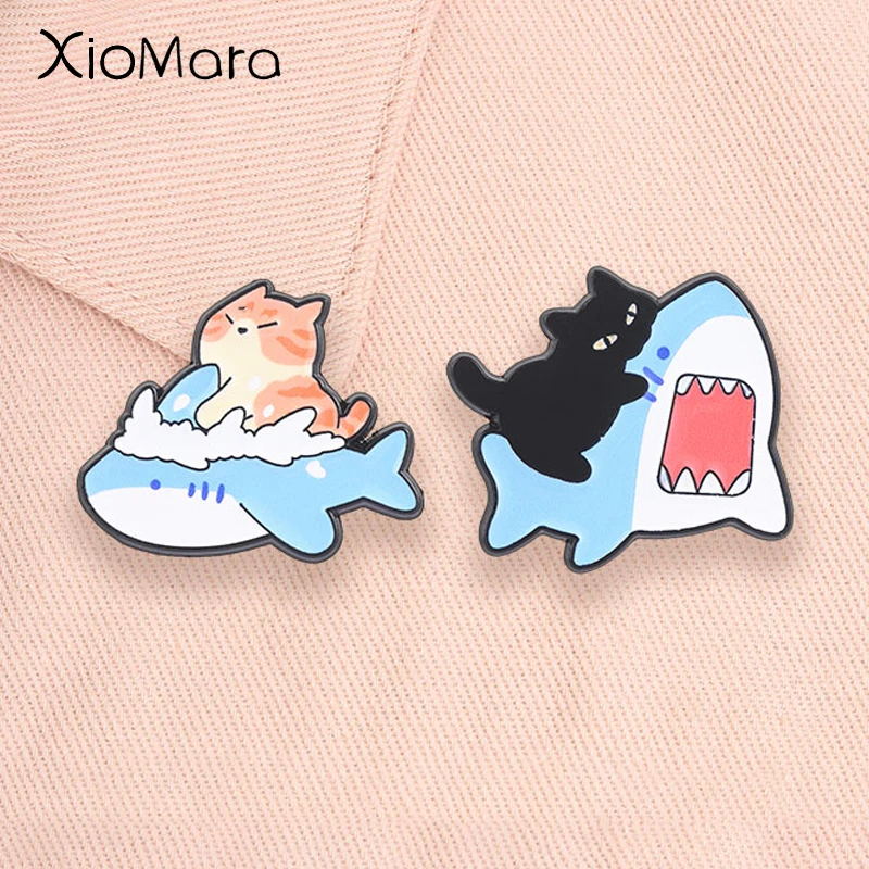 Cute Cat Shark Enamel Pins Funny Orange Black Cat Riding Shark Kawaii Animal Brooches Lapel Badge Jewelry Gifts for Kids Friends