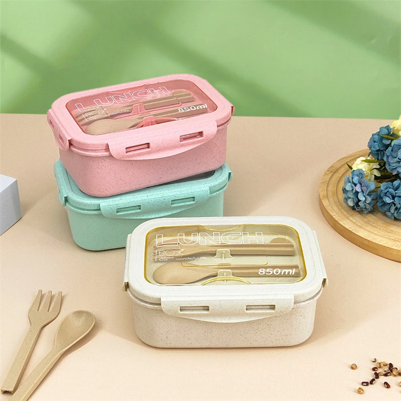 850ml Divided Lunch Box Portable Large Capacity Microwae Bento Box with Fork and Spoon Food Storage Container for School Camping