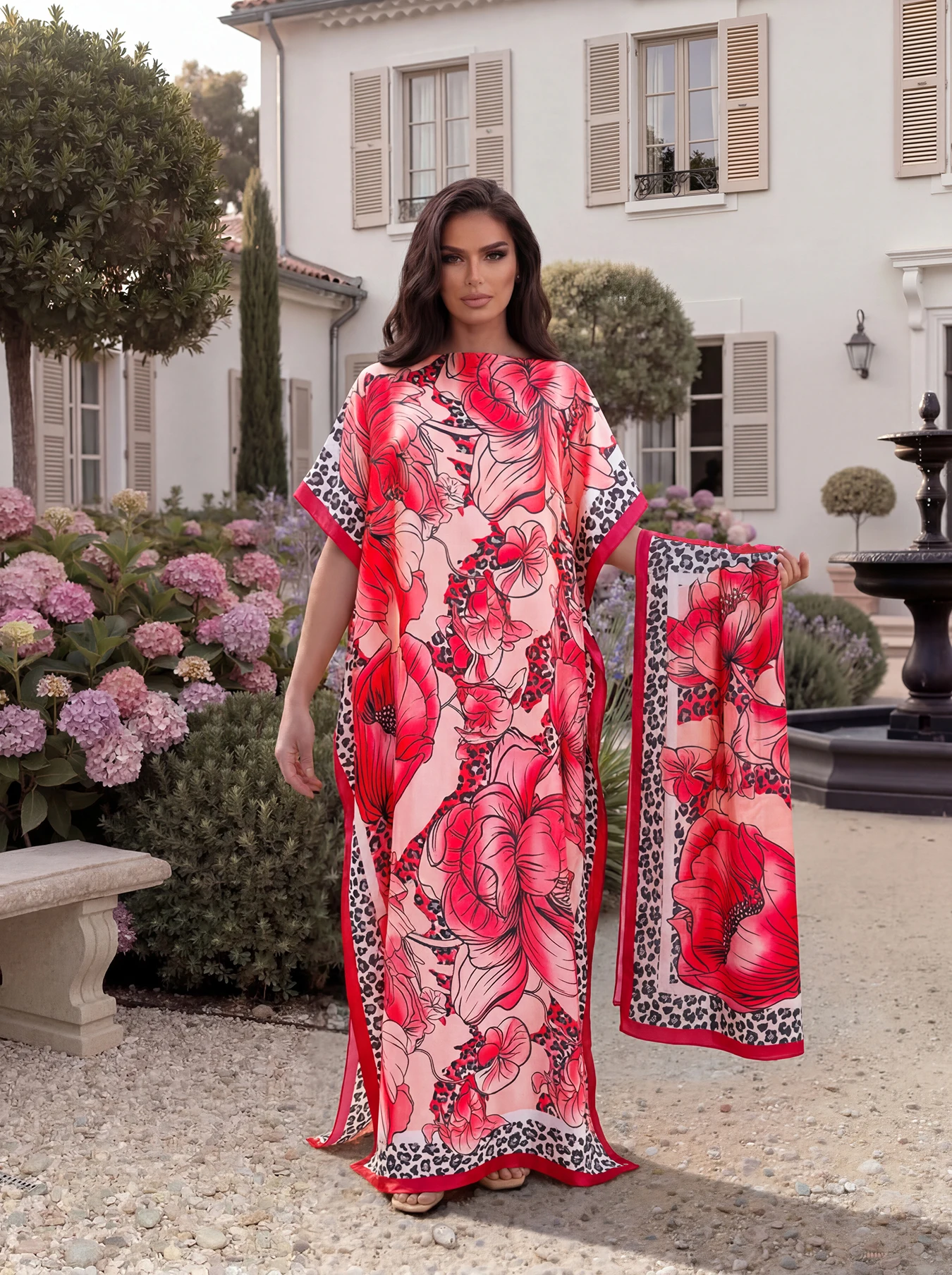 Tropical Floral Leopard Print Satin Abaya Scarf Set, Loose Batwing Maxi Kaftan For Muslim Women Summer Beach Vacation Wear view 6