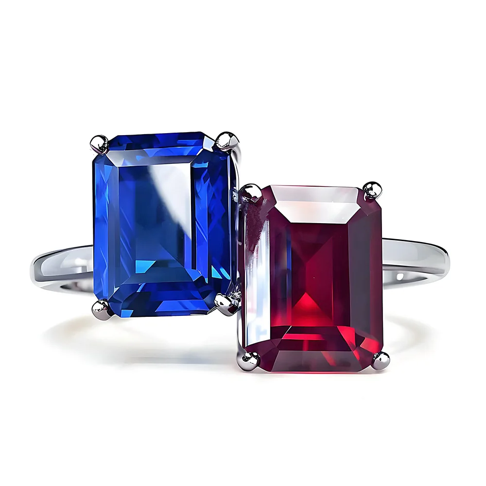 

New 925 silver rectangular red and blue gemstone ring personalized design women's exquisite colored jewelry