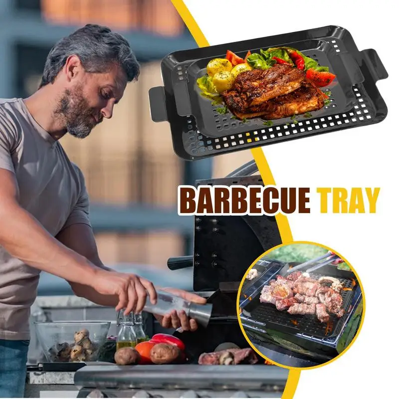 Sartén para asar barbacoa, 2 sartén antiadherente para parrilla de barbacoa con asas, utensilios de cocina para acampar, uso interior y exterior para parrillas de carbón ahumadas