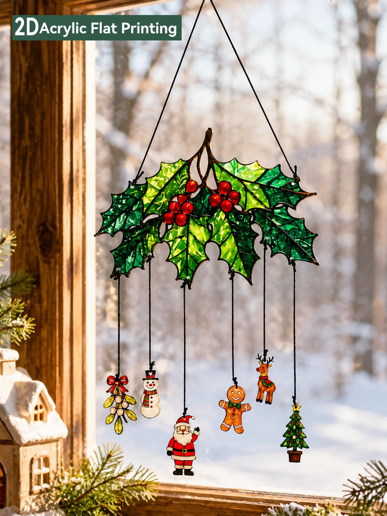 Christmas Acrylic Window Suncatcher Hanging Sign, Xmas Holly Santa Tree Bell Pendant, Festive Home Wall Decor for Holiday Party