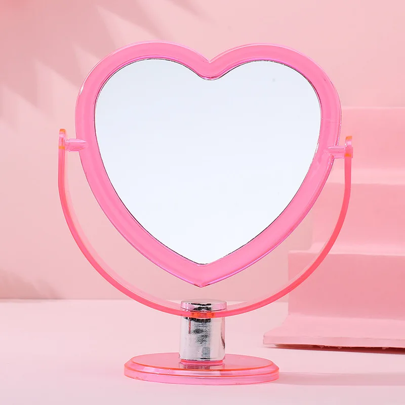 Korean Style Heart Shaped Cosmetic Mirror Acrylic Base Makeup Mirror Rotatable Home Bedroom Desktop Vanity Mirror for Women