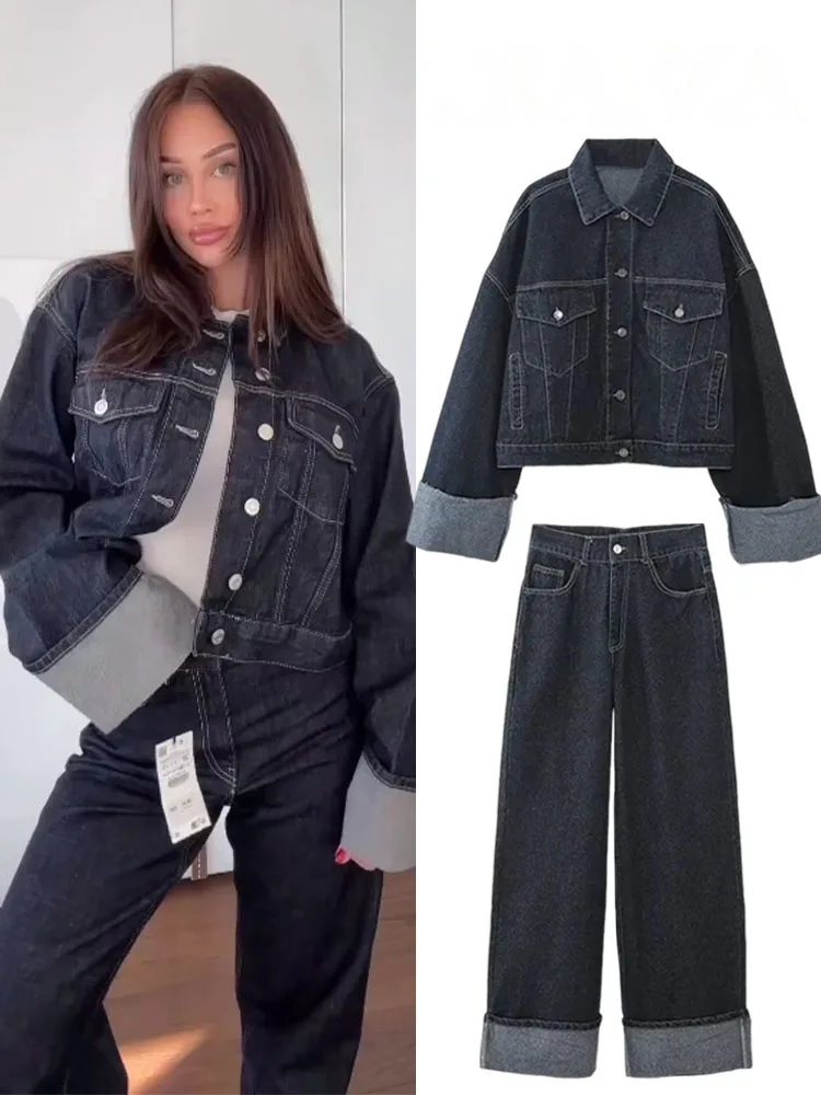 

HH 2025 Autumn Fashion Woman Solid Denim Female Long Sleeve With Buttons Cropped Coat And Wide Leg Pants 2 Pieces Set