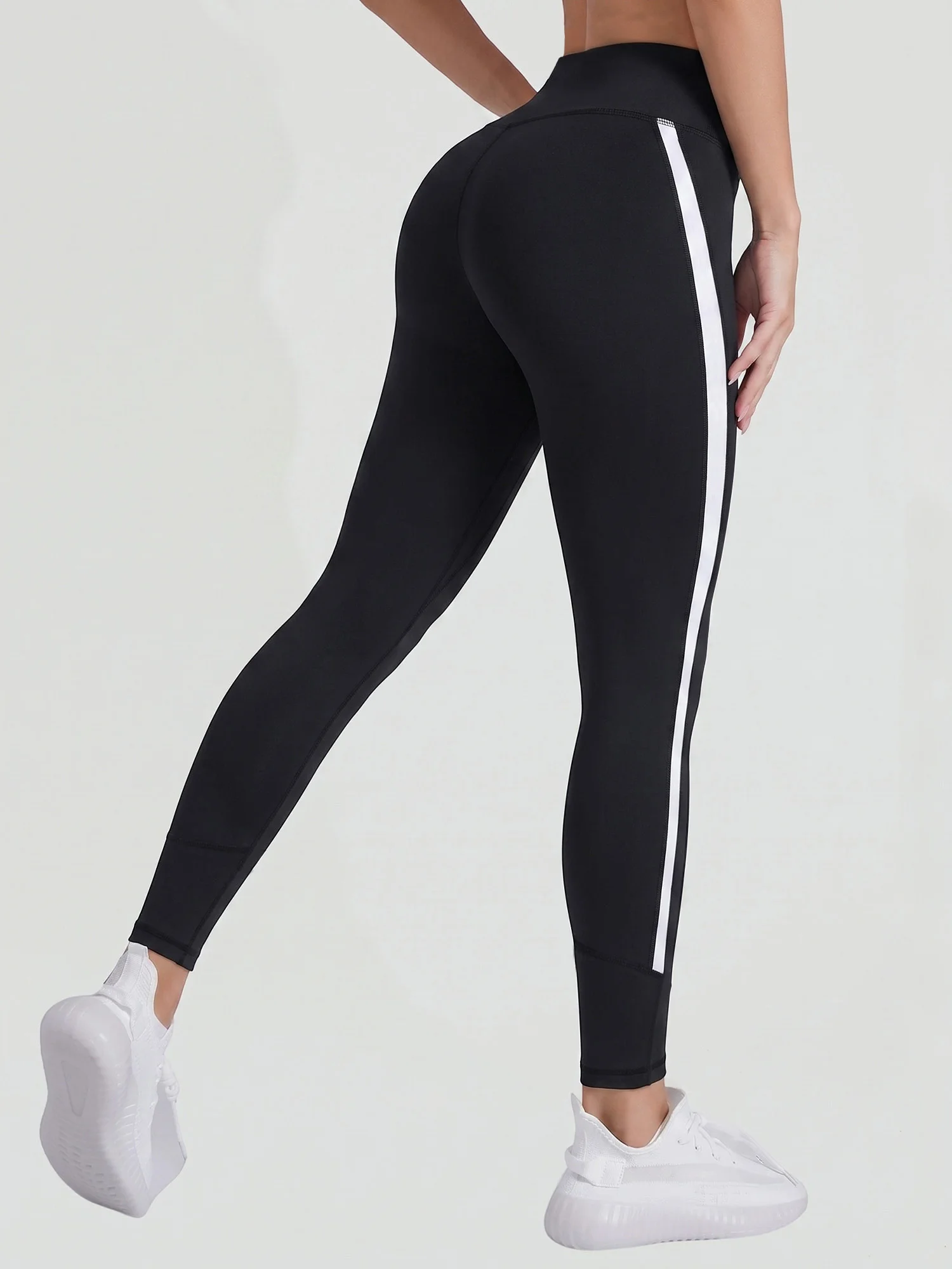 Sport‑Daily Women Yoga Leggings Black‑White Curved Side‑stripe High‑waisted Tummy Control Hip‑Lifting Running Pants