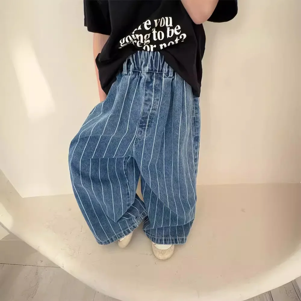 

Spring Boys Girls fashion striped wide leg jeans Children loose soft denim pants