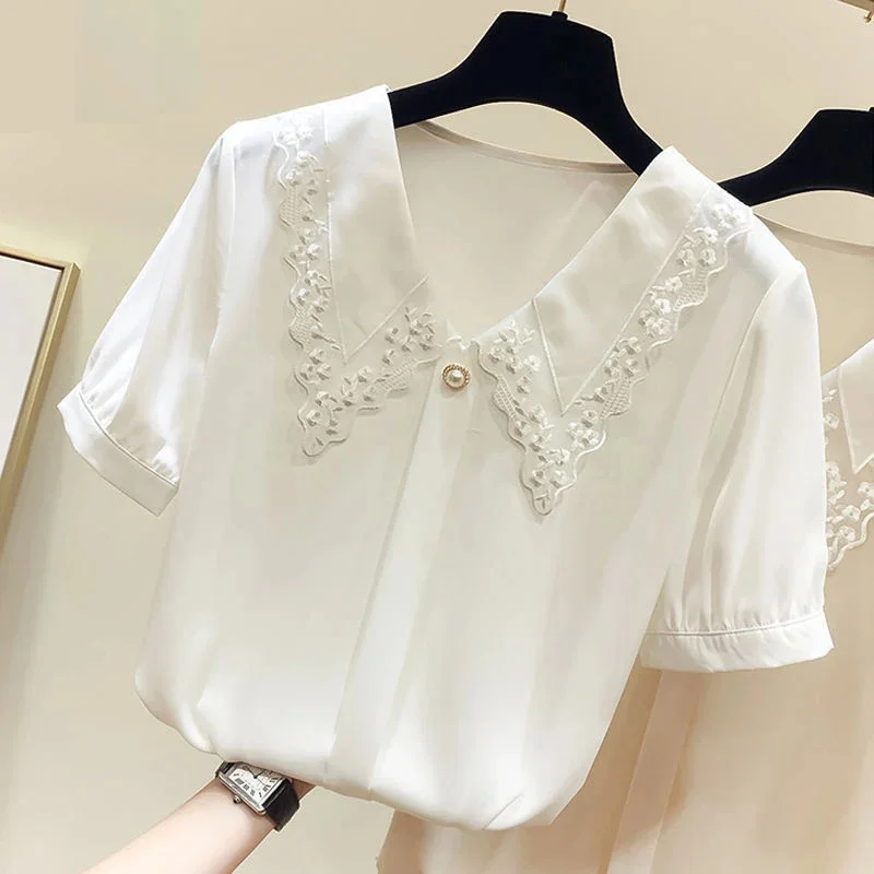 Women Spring Summer Style Blouses Shirts Lady Casual Short Sleeve Peter Pan Collar Chiffon Blusas Top