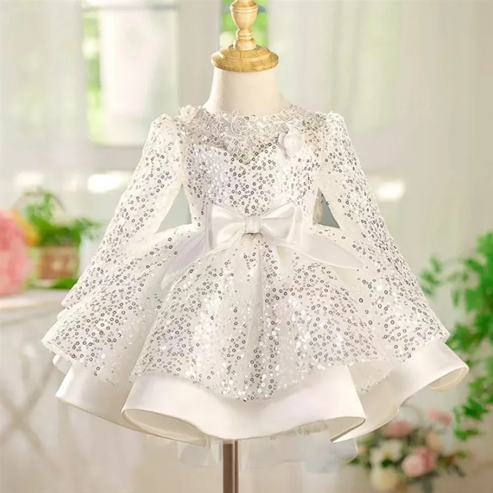 

Glitter Sequined Flower Girl Wedding Dress Appliques Flower Long Sleeve with Bow Princess Kids Birthday Holiday Party Ball Gown