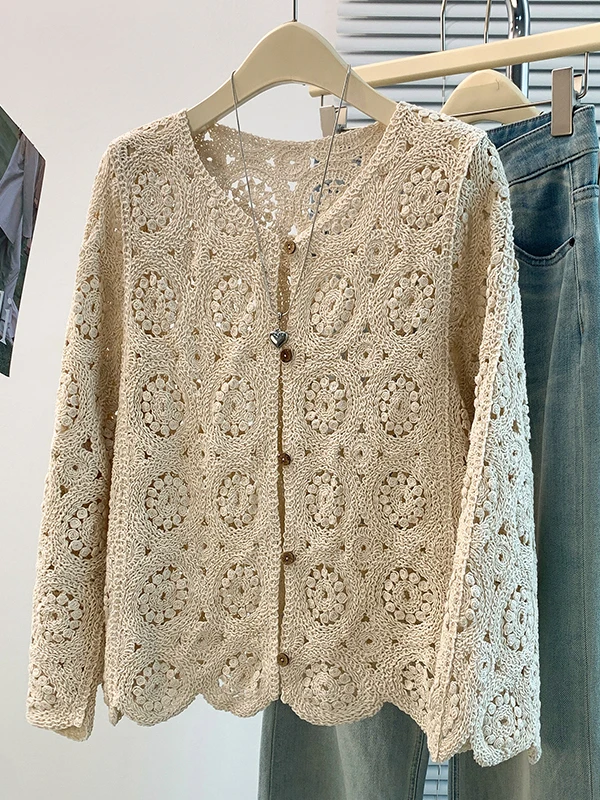 Ageless Lace Hook Flower Cardigan Outerwear Top T-shirt Universal Style Autumn New Arrival Ladies Fashion Linen Long Sleeve r...