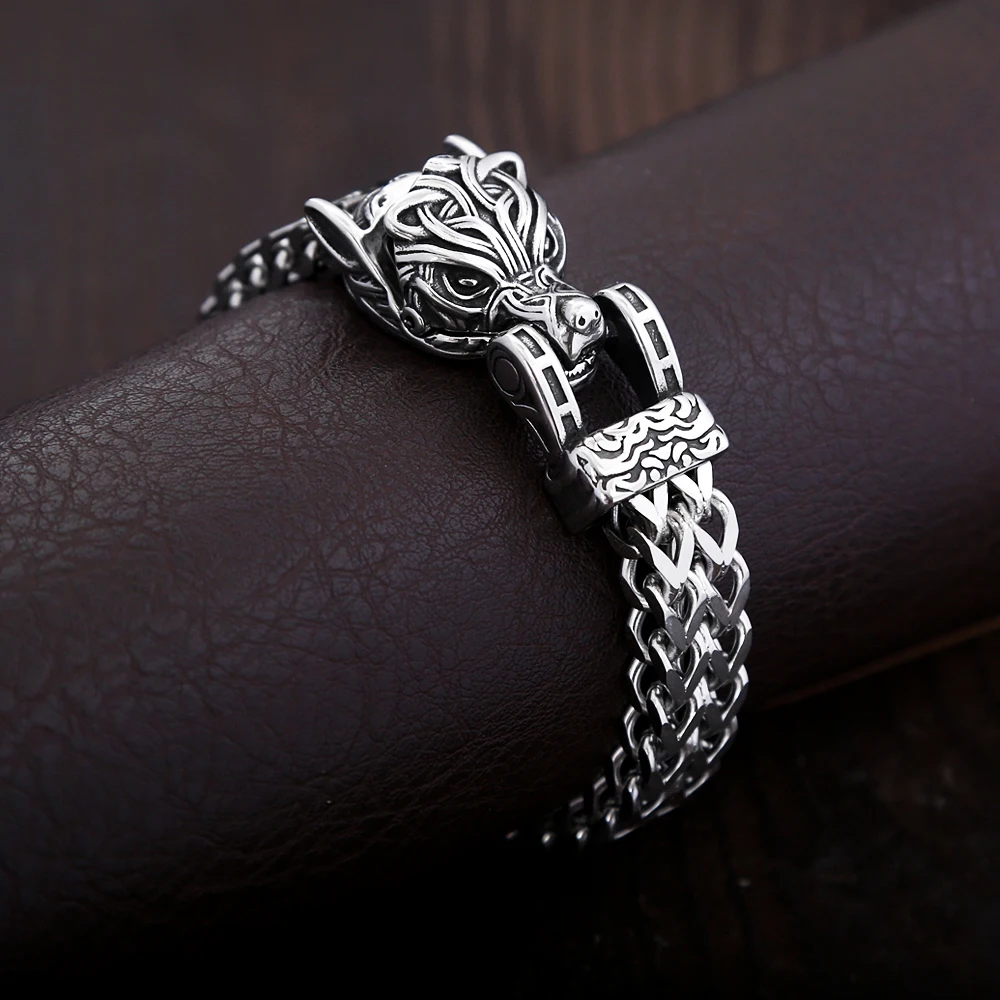 

Fashion Vintage Viking Wolf Head Bracelets 316L Stainless Steel Animal Double Layer Bracelet Locomotive Amulet Jewelry Wholesale