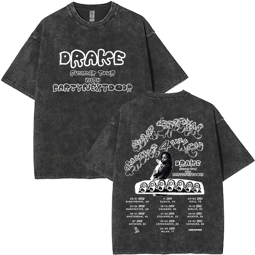 Washed Vintage Drake Europe Tour with Partynextdoor 2025 T-shirt SSS4U Some Sexy Songs 4 U Tshirt Men Hip Hop Oversized T Shirt