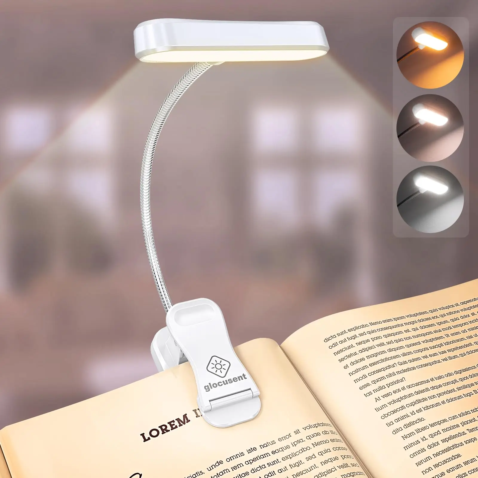 Glocusent Bed Book Light USB Rechargeable Reading Light Warm Cool White Daylight Portable Flexible Easy Clip Night Reading Lamp