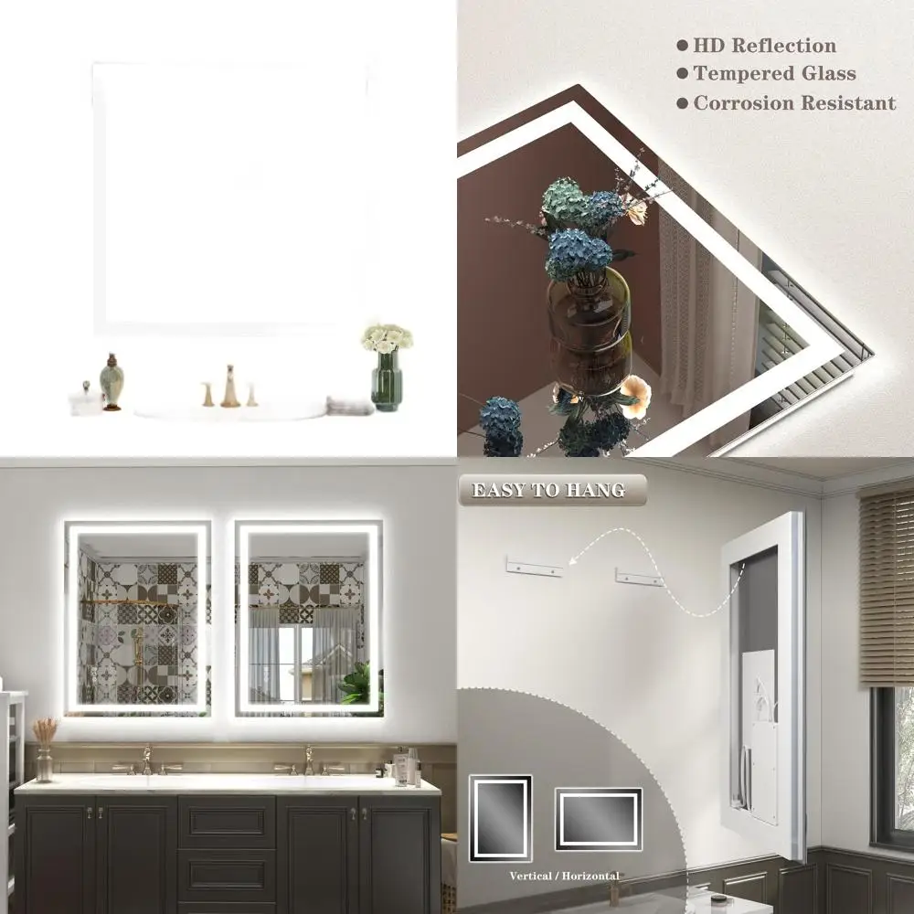 

30-дюймовое квадратное зеркало для ванной комнаты со светодиодной подсветкой, настенное косметическое зеркало с регулируемой яркостью, противотуманное, небьющееся, я