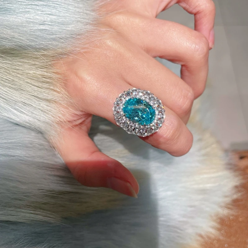 Bellux 925 Silver Gold Plated Rose Cut Synthetic Paraiba Blue High Carbon Diamond Full Diamond Pigeon Egg Rings for Women