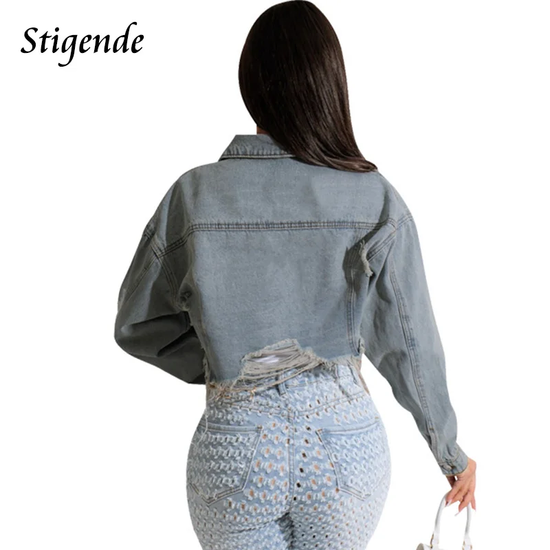 Stigende Women Single Breasted Shredded Jeans Short Coat Ripped Crop Denim Jacket Long Sleeve Turn Down Collar Button Tops